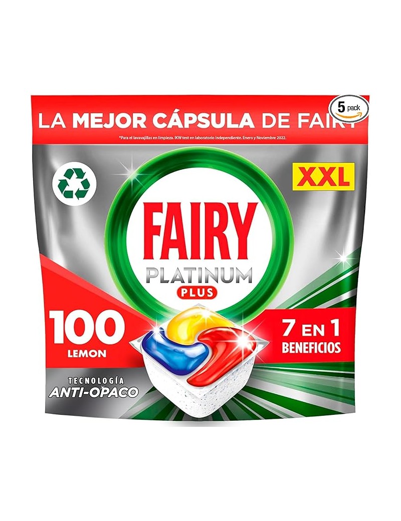 Fairy Platinum Plus Todo en Uno Pastillas Lavavajillas, 100 Capsulas Lavavajillas (5 x 20), Limpieza Profunda y Extra Brillo, Fr