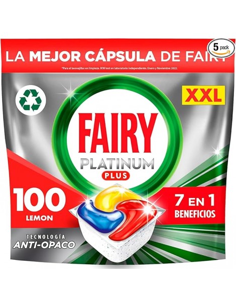 Fairy Platinum Plus Todo en Uno Pastillas Lavavajillas, 100 Capsulas Lavavajillas (5 x 20), Limpieza Profunda y Extra Brillo, Fr